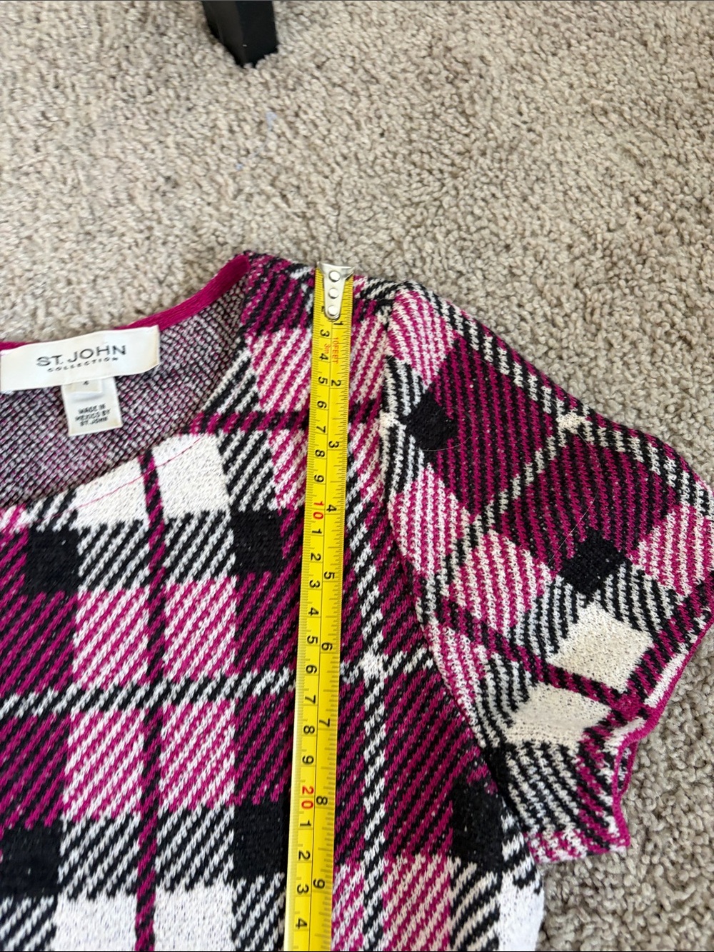 St. John Collection Pink Black White Plaid Slub Knit Wool Blend Midi Dress Sz 4 - Picture 10 of 12
